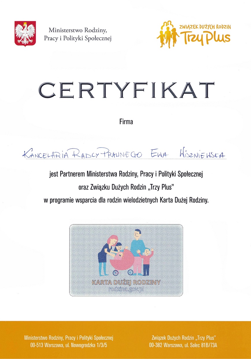 karta dużej rodziny Zielona Góra certyfikat Kancelaria Ewa Wiszniewska